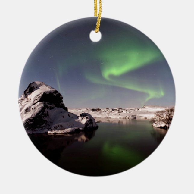 Iceland Winter Snow Northern Aurora Borealis Ceramic Tree Decoration (Front)