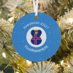 Icelandic Angel Hanukkah Flag Personalised  Metal Tree Decoration<br><div class="desc">The flag of Iceland is worn by an angel on this round metal ornament for Christmas decor. The Christmas Icelandic Angel shows inside a white circle of squiggly squares with a background of green squiggly squares. Personalise with a name. Customise with the year. Or,  add your own text.</div>