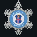 Icelandic Angel Hanukkah Flag Personalised  Snowflake Pewter Christmas Ornament<br><div class="desc">The flag of Iceland is worn by an angel on a snowflake pewter ornament for holiday and Christmas decor. The Christmas Icelandic Angel shows inside a white circle of squiggly squares with a background of green squiggly squares. Personalise with a name. Customise with the year. Or, add your own text....</div>