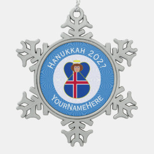 Icelandic Angel Hanukkah Flag Personalised  Snowflake Pewter Christmas Ornament