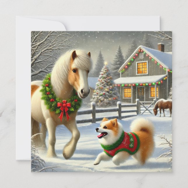 Icelandic Horse and Dog Christmas Card (Front)