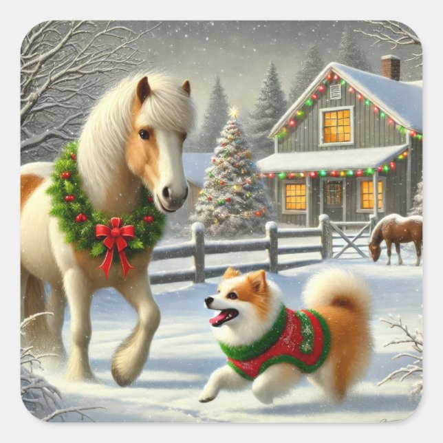 Icelandic Horse and Dog Christmas Sticker (Front)
