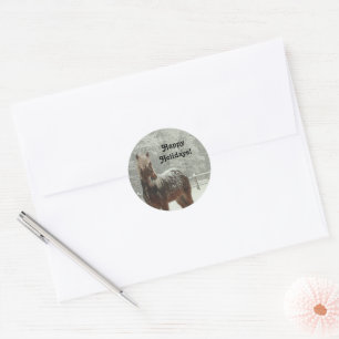 Icelandic Horse in Winter, Happy Holidays Photo Classic Round Sticker