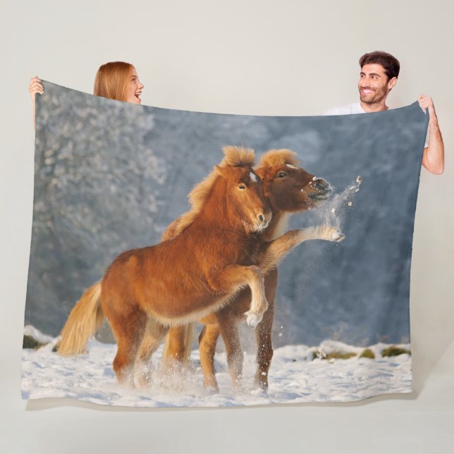 Icelandic Horses Foal Playing in Snow Funny Photo Fleece Blanket (In Situ)