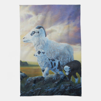 Icelandic sheep, ewe and lambs, sunrise sky tea towel