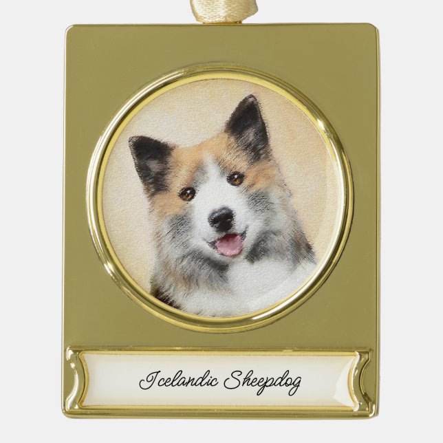 Icelandic Sheepdog Painting - Original Dog Art Gold Plated Banner Ornament (Front)