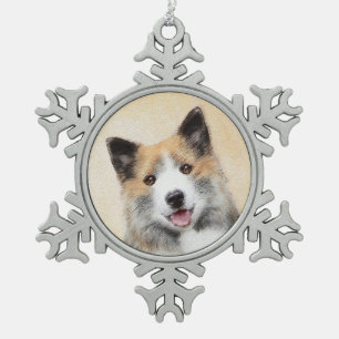 Icelandic Sheepdog Painting - Original Dog Art Snowflake Pewter Christmas Ornament
