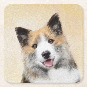 Icelandic Sheepdog Painting - Original Dog Art Square Paper Coaster