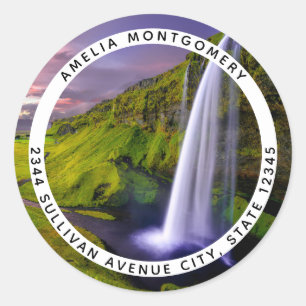 Icelandic Waterfall Green Nature Photo Address Classic Round Sticker