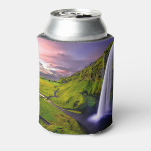 Icelandic Waterfall Green Nature Photo Can Cooler