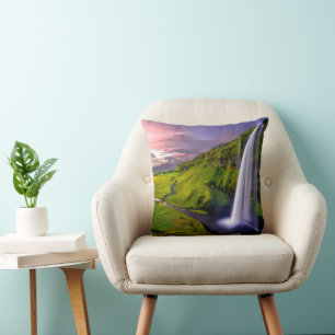 Icelandic Waterfall Green Nature Photo Cushion