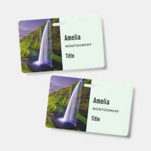 Icelandic Waterfall Green Nature Photo ID Badge