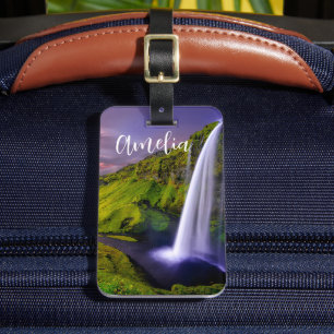 Icelandic Waterfall Green Nature Photo Luggage Tag