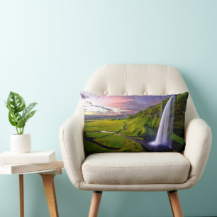 Icelandic Waterfall Green Nature Photo Lumbar Cushion