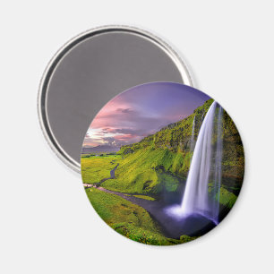 Icelandic Waterfall Green Nature Photo Magnet