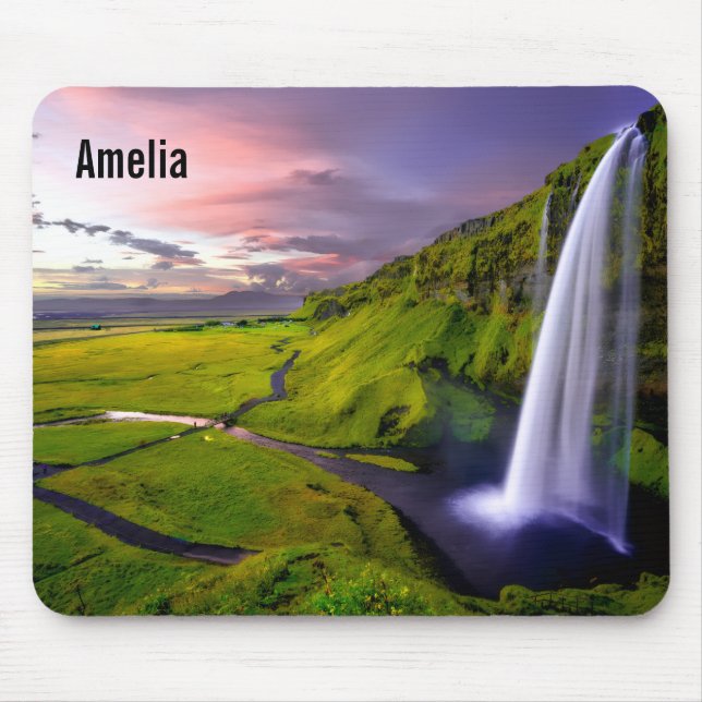 Icelandic Waterfall Green Nature Photo Mouse Pad (Front)