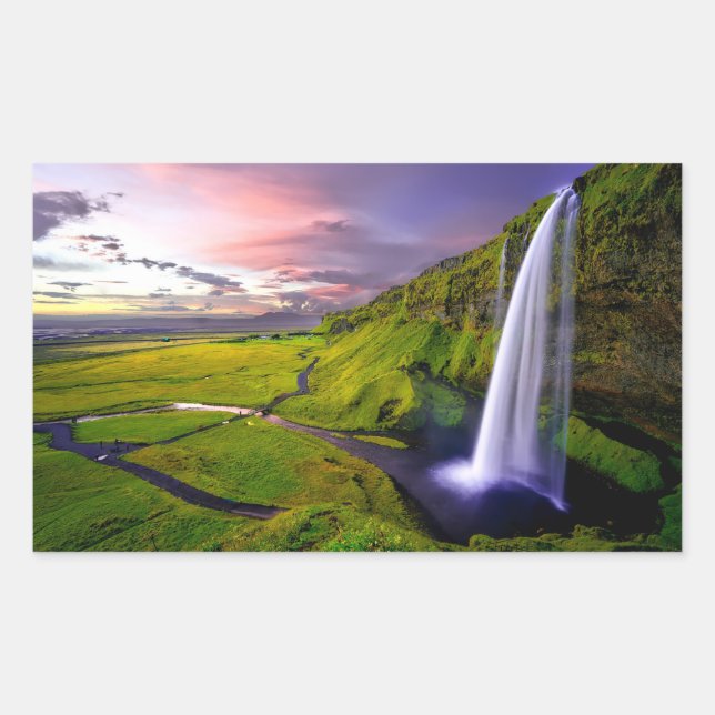 Icelandic Waterfall Green Nature Photo Rectangular Sticker (Front)