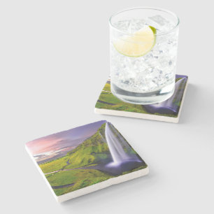 Icelandic Waterfall Green Nature Photo Stone Coaster
