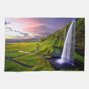Icelandic Waterfall Green Nature Photo Tea Towel