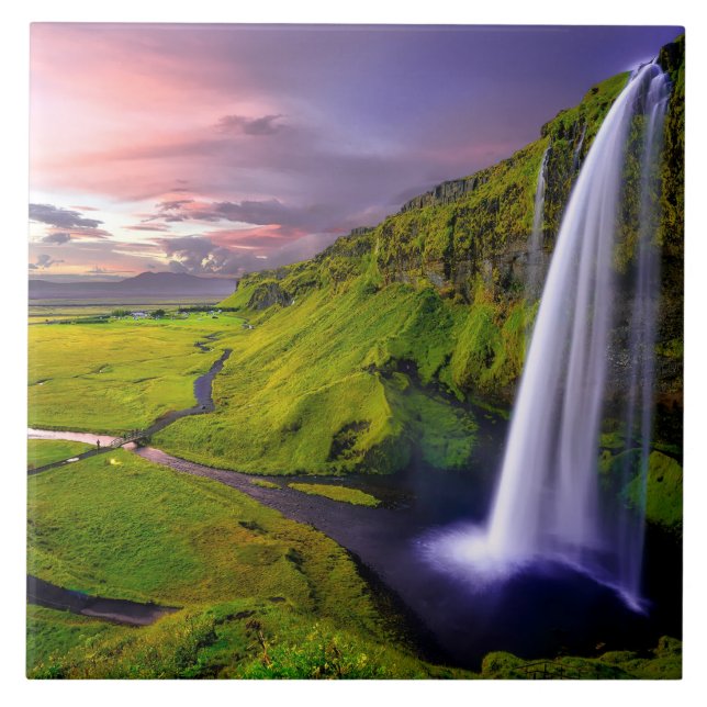 Icelandic Waterfall Green Nature Photo Tile (Front)