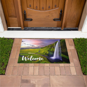 Icelandic Waterfall Green Nature Photo Welcome Doormat