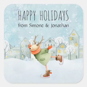 Iceskating Woodland Deer Christmas Holiday Square Sticker