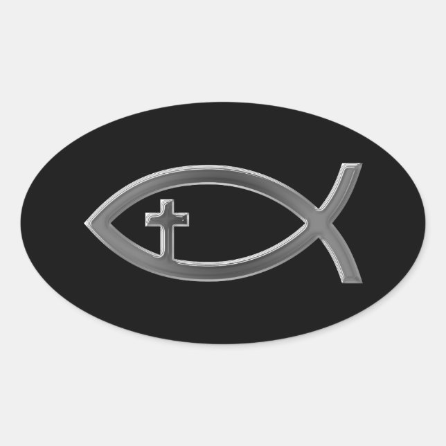 Ichthus - Christian Fish Symbol with Crucifix Oval Sticker (Front)