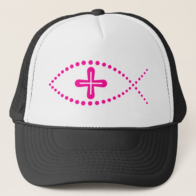 Ichthus Pink Christian Fish Trucker Hat (Front)