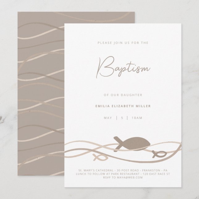 Ichthys Waves Beige Taupe - Modern Baptism Invitation (Front/Back)