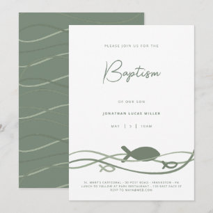Ichthys Waves Green - Modern Minimalist Baptism Invitation