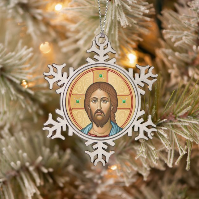 Icon of Christ Snowflake Pewter Christmas Ornament (Tree)
