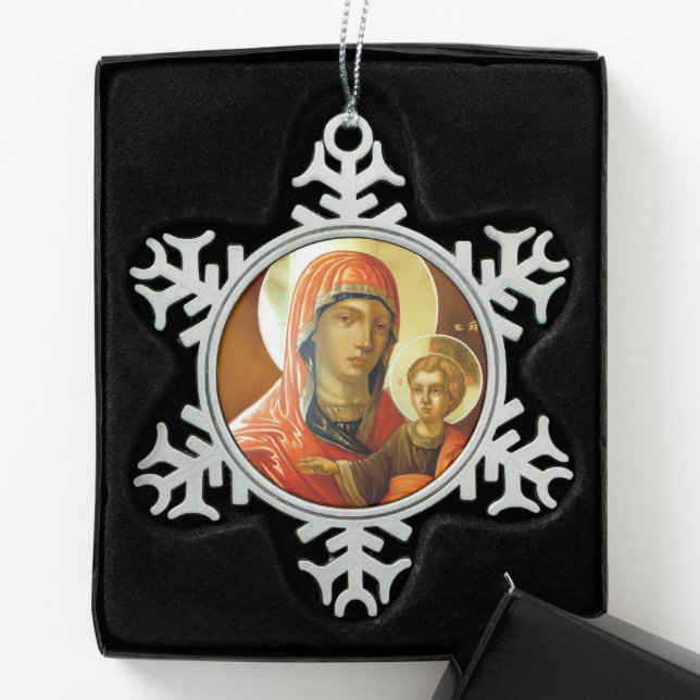 Icon of Saint Mary With Lord Jesus Snowflake Pewter Christmas Ornament (Box)