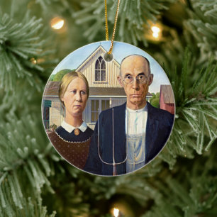 Iconic Elegance: Grant Wood's American Gothic Ceramic Tree Decoration