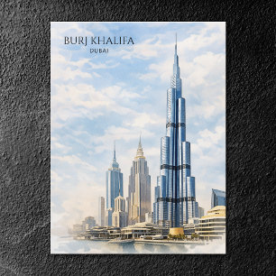 Iconic Landmark Burj Khalifa Dubai Watercolor Holiday Postcard