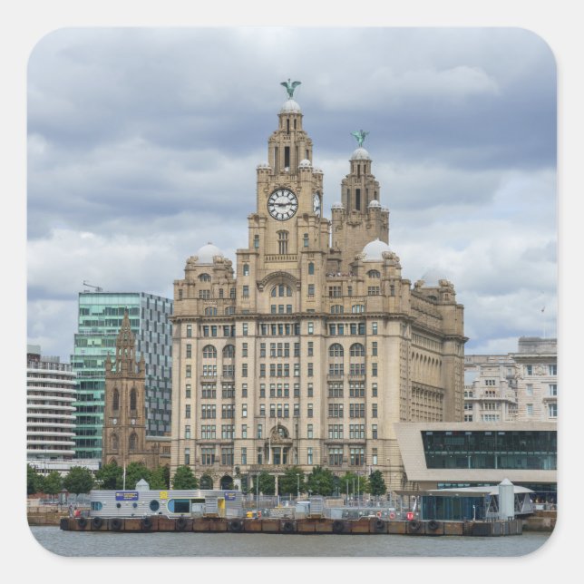 Iconic Liver Building and Tower, Riverfront Scene Square Sticker (Front)