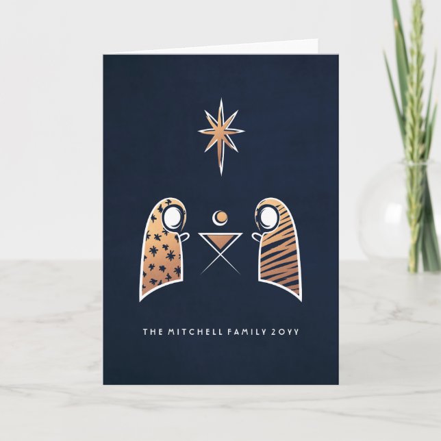Iconic Nativity Scene Navy and Rose Gold Christmas Holiday Card (Front)