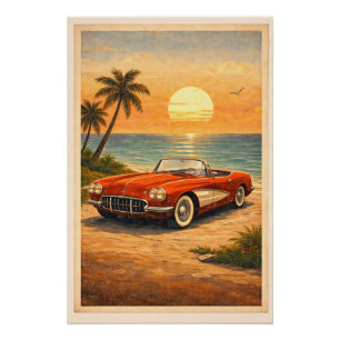 Iconic Red Convertible Beach Sunset Retro Travel  Poster