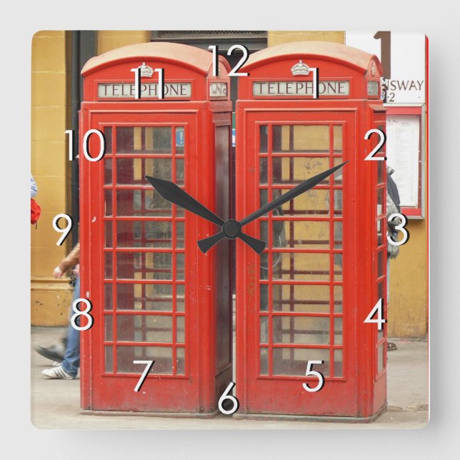 Iconic Red Telephone Boxes in London Square Wall Clock (Front)