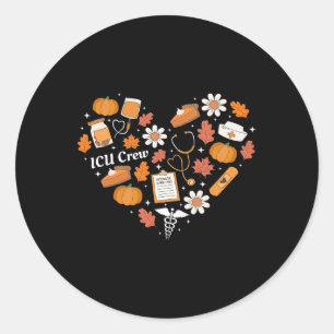 Icu Crew Nurse Fall Heart Autumn Pumpkin Thanksgiv Classic Round Sticker