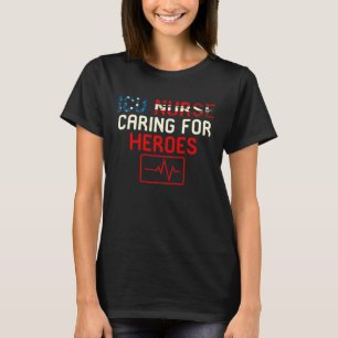 ICU Nurse American Flag Heartbeat Caring For Heroe T-Shirt