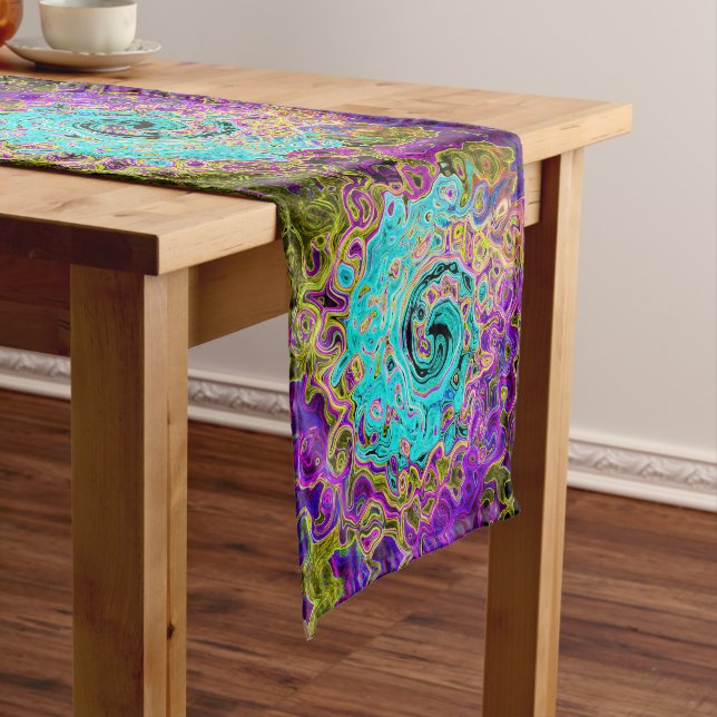 Icy Aqua Blue Groovy Abstract Retro Liquid Swirl Long Table Runner (In Situ)