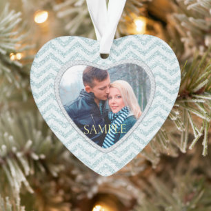 Icy Aqua Chevron Photo Template First Christmas Ornament