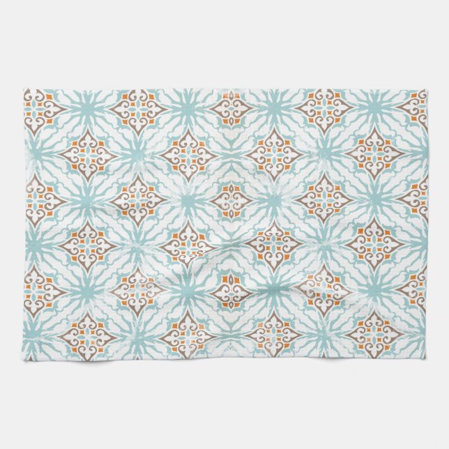 Icy Blue and Tan Tea or Kitchen Towel (Horizontal)