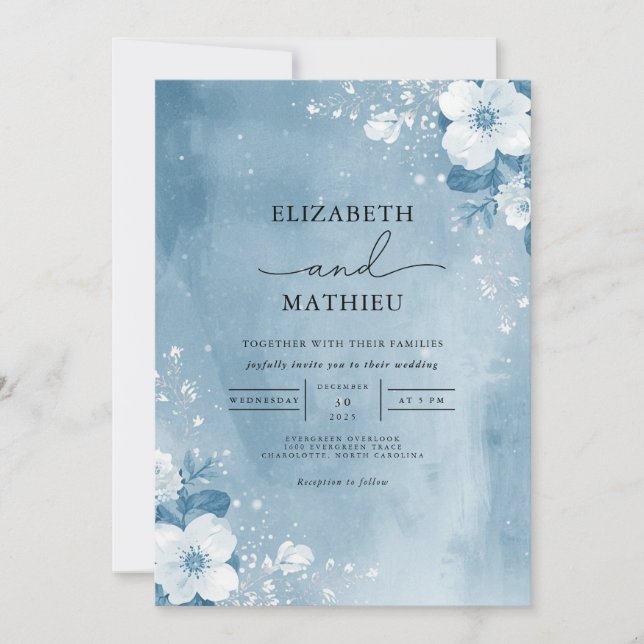 Icy Blue Botanical Frost Wedding Invitation (Front)