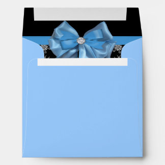 Icy Blue Bow On Black Winter Snowflakes Wedding Envelopes