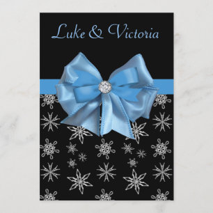 Icy Blue Bow On Black Winter Snowflakes Wedding Invitation