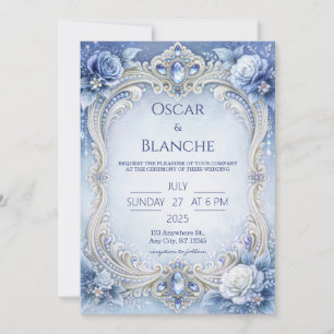 Icy Blue Crystal Rose Frame Wedding Invitation