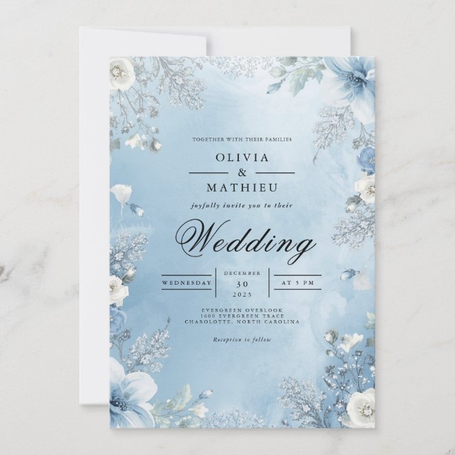 Icy Blue Floral Frame Wedding Invitation (Front)