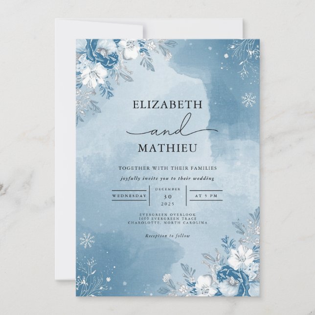 Icy Blue Floral Winter Wedding Invitation (Front)