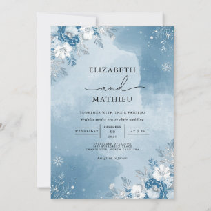 Icy Blue Floral Winter Wedding Invitation